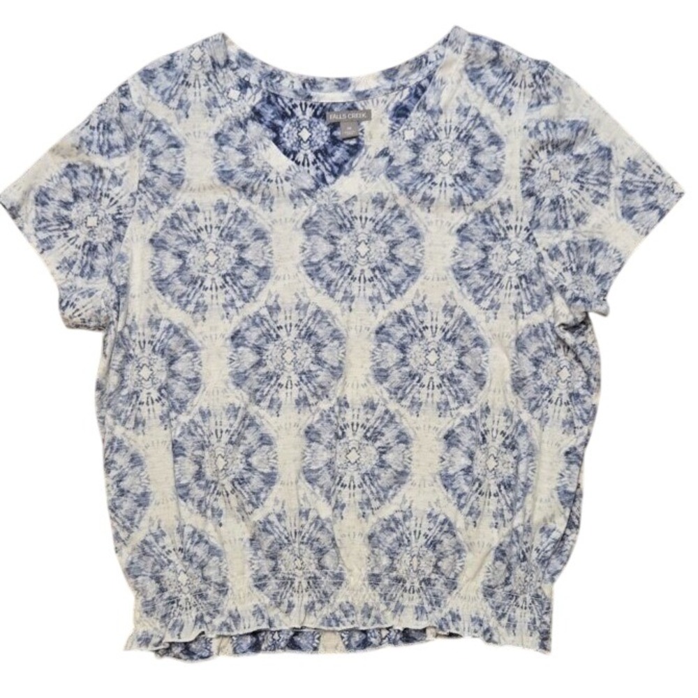 Falls Creek Womens 1X Blue White Medallion Tie Dye Smocked Hem V-Neck Top Shirt
